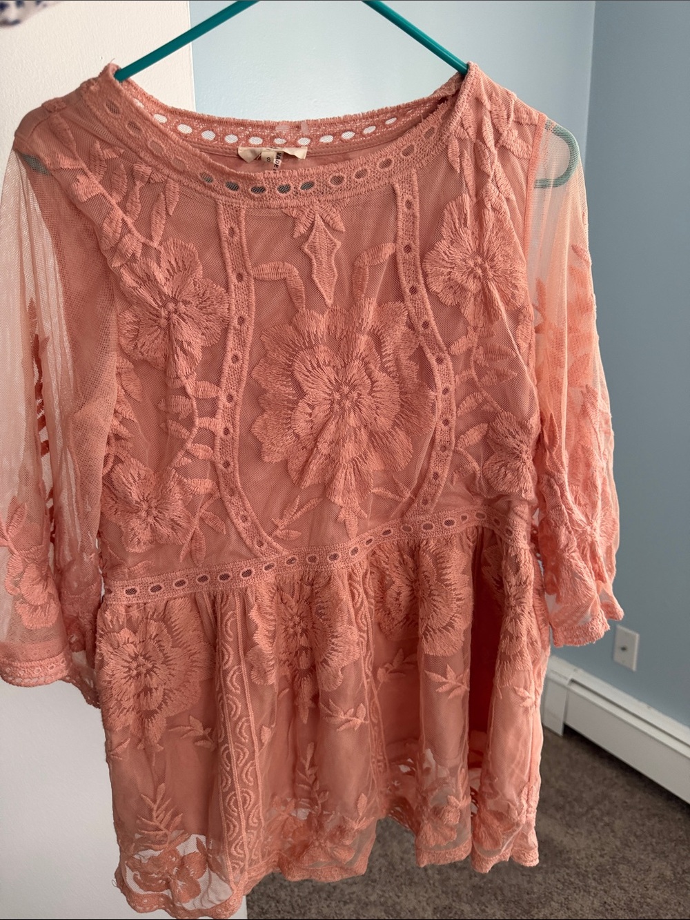Womens Peach Floral Lace Peplum Top